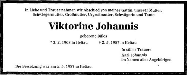 Billes Viktorine 1908-1987 Todesanzeige